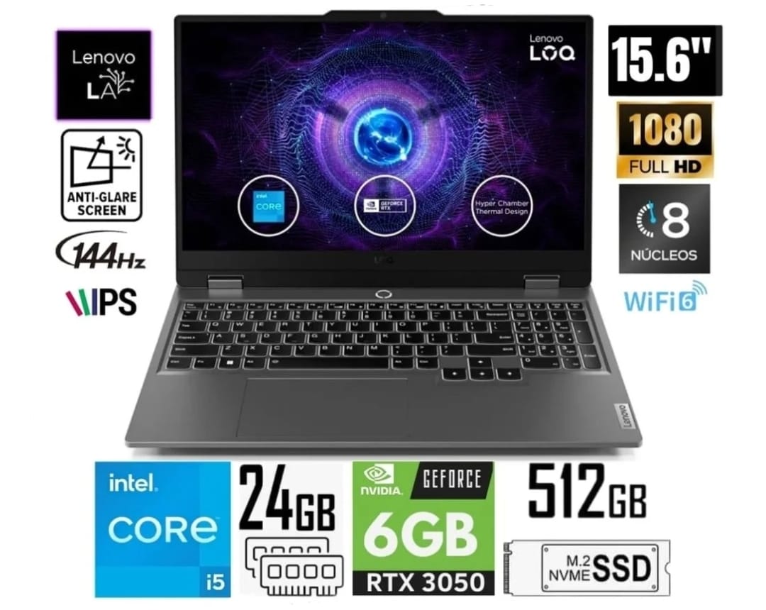 Gamer Lenovo LOQ 15IAX9, Core I5-12450HX Hasta 4.4GHz, 24GB DDR5, 512GB SSD, 15.6 FHD IPS, Nvidia GeForce RTX 3050 6GB, WiFi, Bluetooth, Webcam, Luna Grey, FreeDOS, Teclado Español